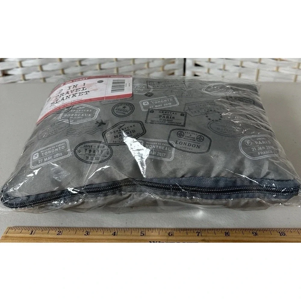 The Loot Company 2 In 1 Travel Blanket Gray/Blue Fleece NWT